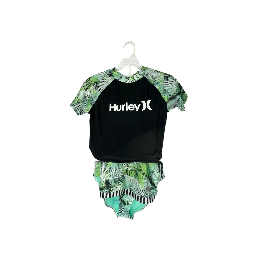 Hurley 3 Piece Palm Leaves Swim Set Girls Size 14/16 Green Black Rash Guard
